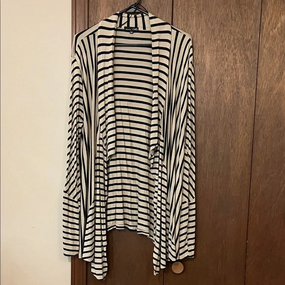 RXB Black and Beige Striped Asymmetrical Open Front Cardigan Style Top - Picture 14 of 14